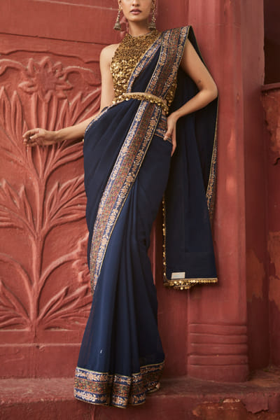 Navy blue kalamkari print embellished sari set