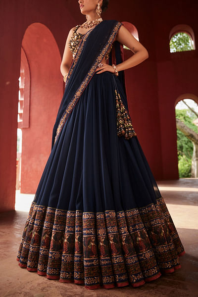 Navy blue kalamkari printed lehenga sari set