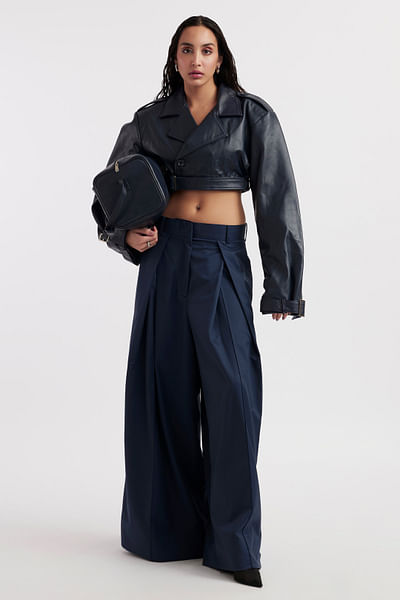 Navy blue leather crop jacket and trousers