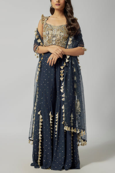 Navy blue mukaish tasselled sharara set