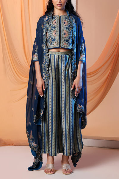 Navy blue printed embroidered cape set