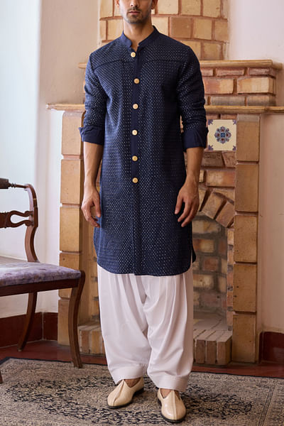 Navy blue scallop sequin embroidery kurta set