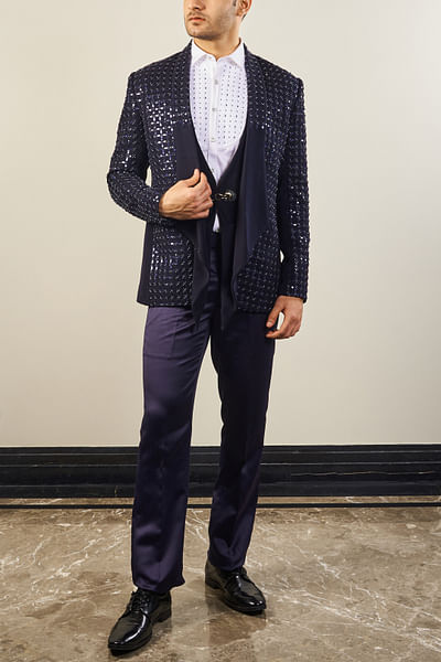 Navy blue sequin embellished tuxedo set