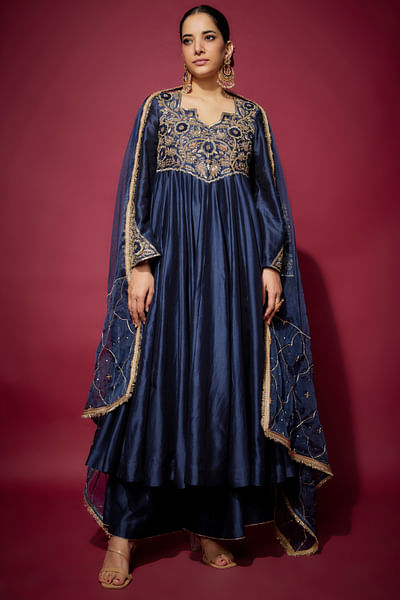 Navy blue zardozi embroidered anarkali set