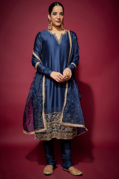 Navy blue zardozi embroidery chanderi kurta set