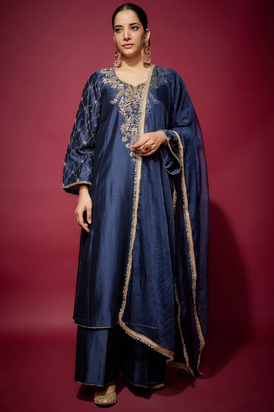 Navy blue zardozi embroidery kurta set