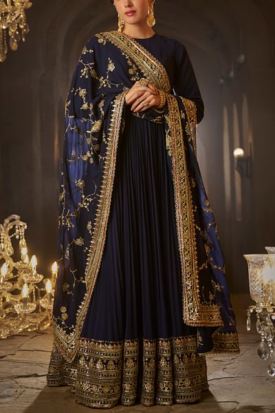 Navy blue zari embroidered anarkali set