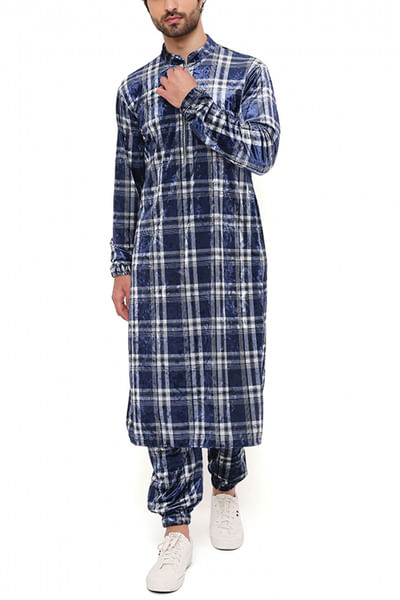 Navy check printed velvet kurta set