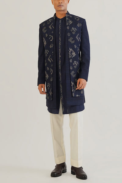 Navy criss cross print sherwani