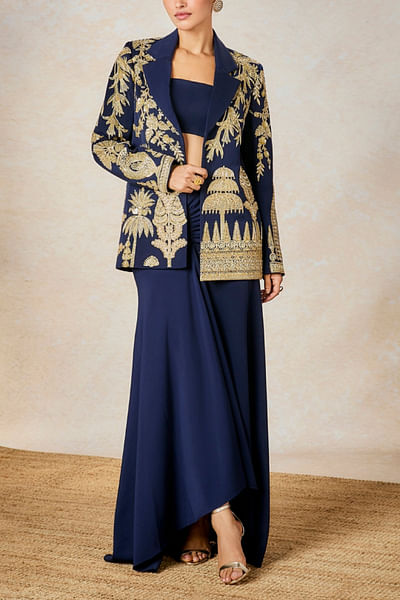 Navy embroidered blazer and draped skirt set