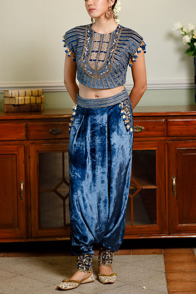 Navy embroidered blouse and low-crotch pants