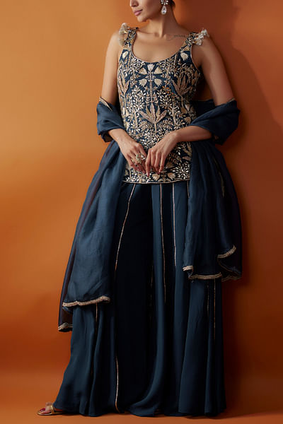 Navy embroidered kurta sharara set