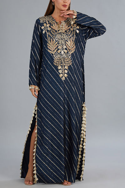Navy embroidered tasselled kaftan