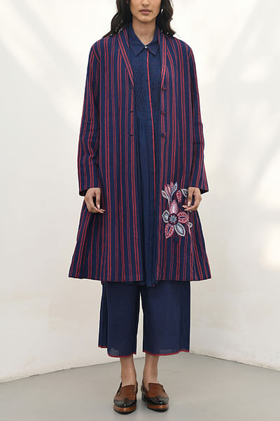 Navy floral appliqued and striped jacket