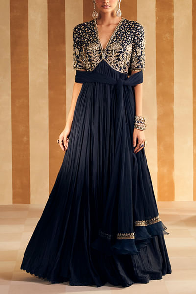 Navy floral embroidered anarkali set