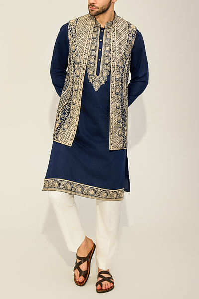 Navy floral embroidered jacket and kurta set