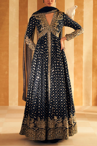 Navy floral embroidery anarkali set
