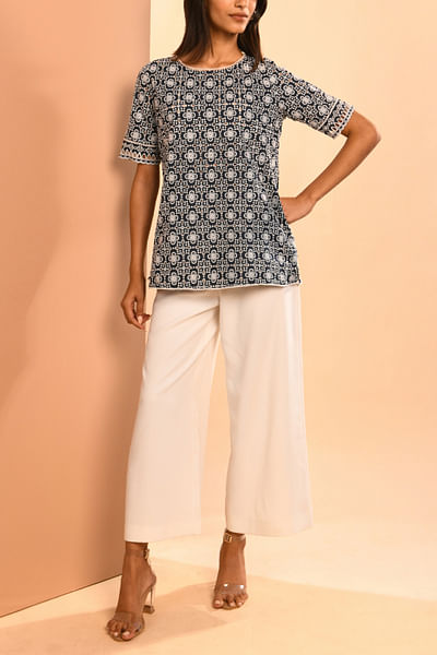 Navy floral embroidery top