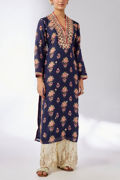 Navy floral print embroidered kurta