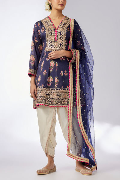 Navy floral printed embroidered kurta set