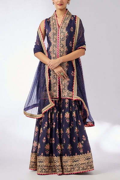 Navy floral printed embroidered sharara set