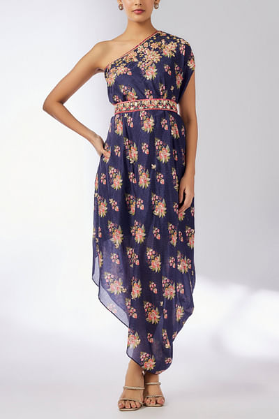 Navy floral printed one-shoulder dress