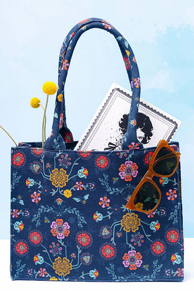 Navy floral printed small tote bag