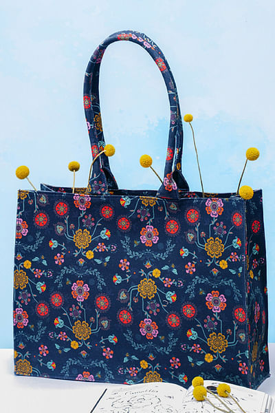 Navy floral printed tote bag