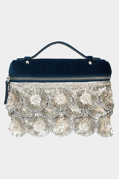 Navy sequin embroidered pouch bag