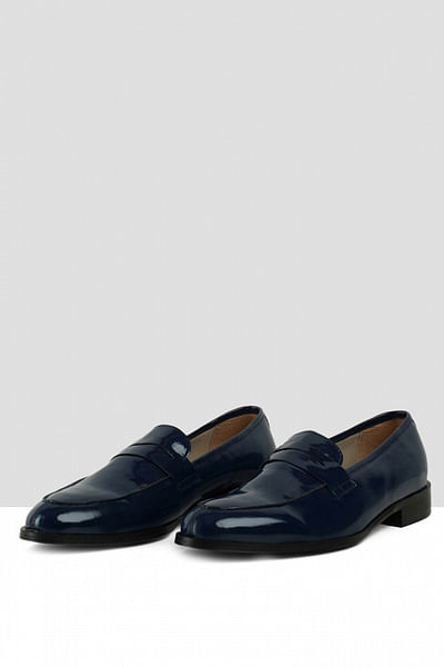 Navy vegan leather penny loafers