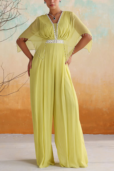 Neon green draped embroidered jumpsuit