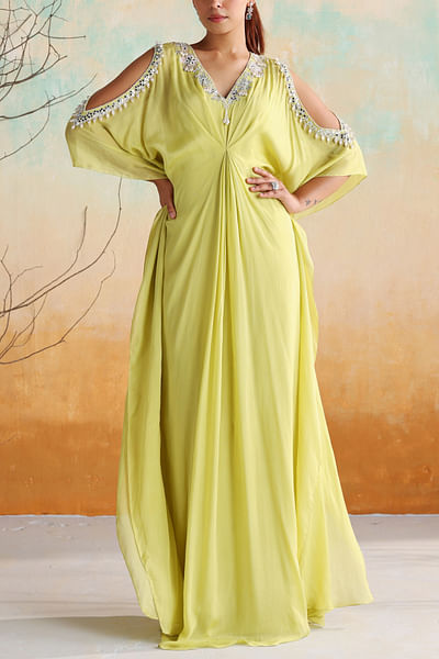 Neon green embroidered draped dress