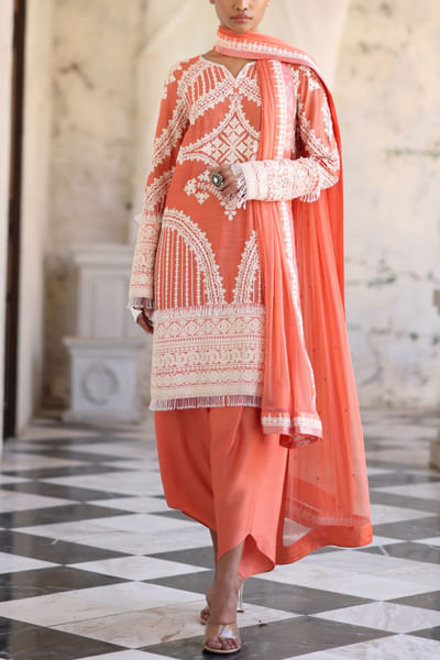 Neon orange floral embroidered short kurta set