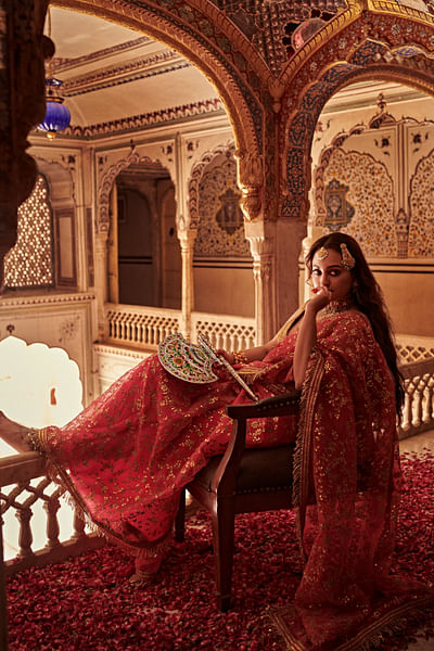 Neon pink gota patti embroidered sari set