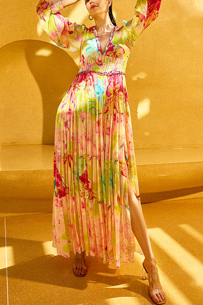 Neon yellow and pink floral printed dress