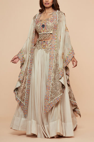 Neutral floral embroidery cape and lehenga set
