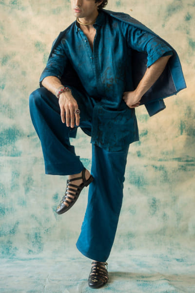 New teal 3-D floral embroidery jacket kurta set