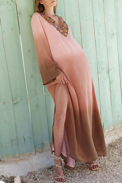 Nude and brown ombre embroidered maxi