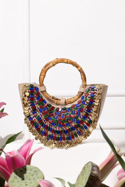 Nude bead embellished handbag
