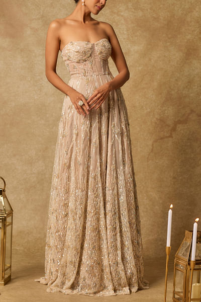 Nude embroidered corset gown