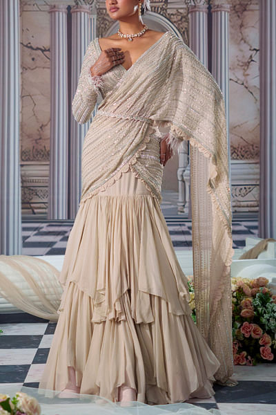 Nude embroidered pre-draped sari set