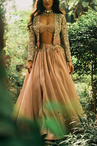Nude floral embroidered jacket and skirt set