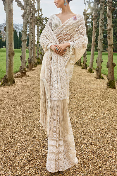 Nude linear pearl embroidery fringed sari set