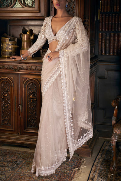 Nude sequin and crystal embroidery sari set