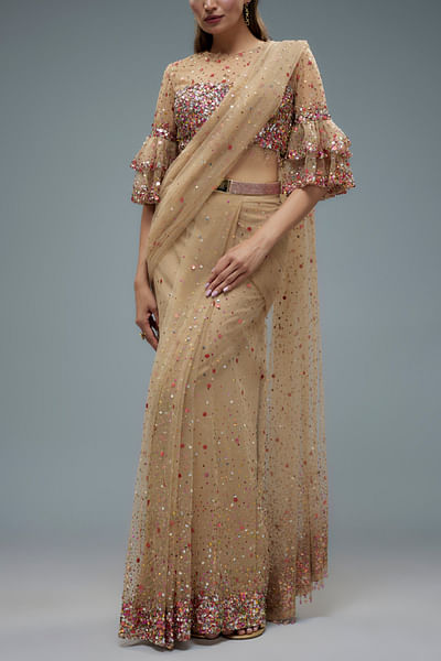 Nude sequin embellished sari set