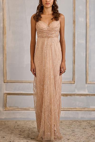 Nude sequin embroidered draped gown