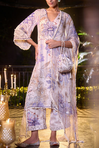 Ocean blue floral and leaf printed kurta set