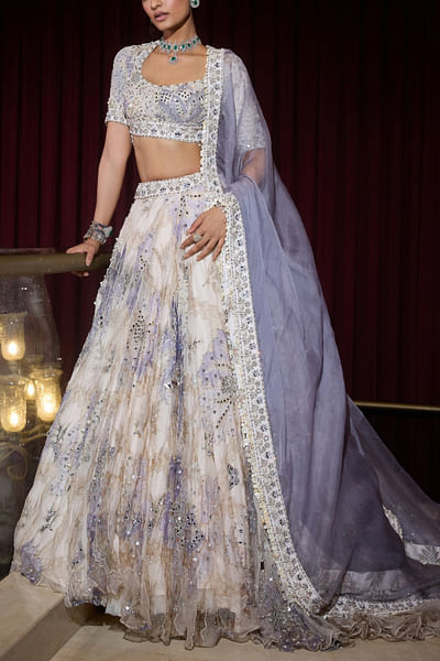 Ocean blue mirror and pearl embroidered lehenga set