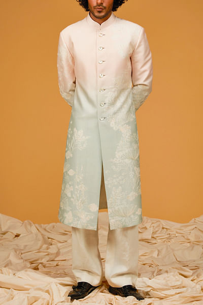 Ocean blue ombre coral printed sherwani