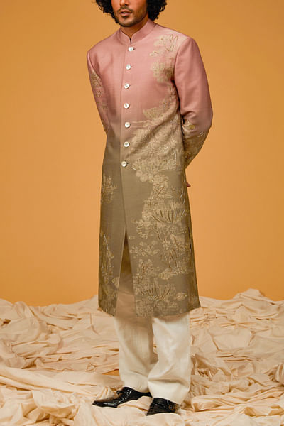 Ocean green ombre coral printed sherwani